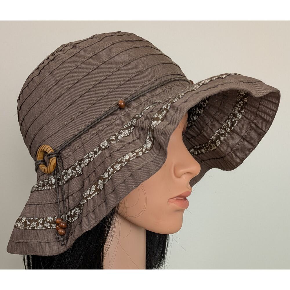 Jeanne Simmons Wide Brim Floppy Hat Brown Beaded Pleated Floral Boho Hippie